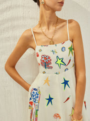 Adjustable Strap Print Dress With Pockets