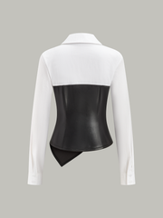 Asymmetric PU Leather Panel Blouse