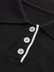 Asymmetric Contrast Trim Wool Blend Cropped Polo Top