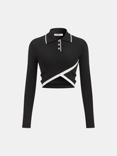 Asymmetric Contrast Trim Wool Blend Cropped Polo Top