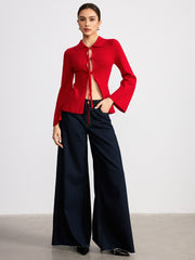 Adjustable Tie Detail Collared Knit Top