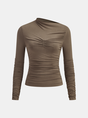 Asymmetric Neck Ruched Long Sleeve Top