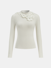 3D Floral Mock Neck Wool Blend Knit Top