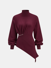Asymmetric Turtleneck Knit Top with Safety Pin