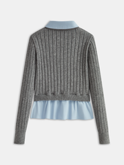 2 in 1 Denim Pocket Collared Rib-Knit Top