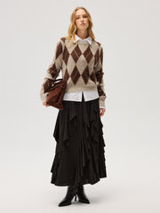 Argyle Pattern Wool Blend Fuzzy Sweater