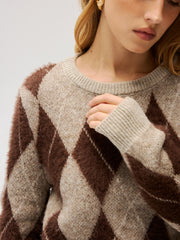 Argyle Pattern Wool Blend Fuzzy Sweater