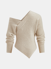 Asymmetric Neck Ribbed Knit Sweater