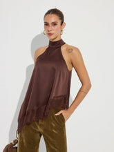 Asymmetric Lace Hem Satin Halter Top