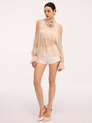 3D Rose Halter Neck Bell Sleeve Sheer Blouse