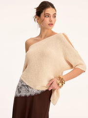 Asymmetrical Lace Trim Boat Neck Knit Top