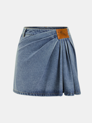 Asymmetric Pleated Denim Mini Skirt