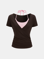 2 in 1 Color Block Halter Ruched Top