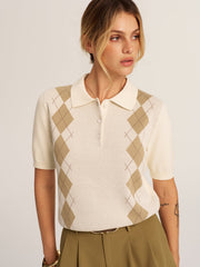 Argyle Short Sleeve Knitted Polo Sweater