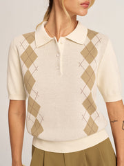 Argyle Short Sleeve Knitted Polo Sweater