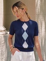 Argyle Pattern Knit Short Sleeve Top