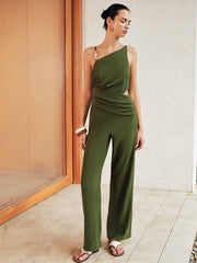 Asymmetrical Bead Cutout Wide Leg Jumpsuit