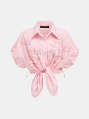3D Floral Beaded Short Sleeve Cotton Shirt