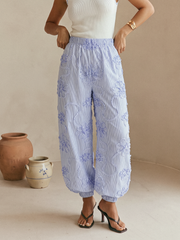 3D Floral Striped Elastic Cuffed Jogger Pants
