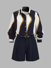 Abstract Wave Print Shirt & Belted Shorts Set