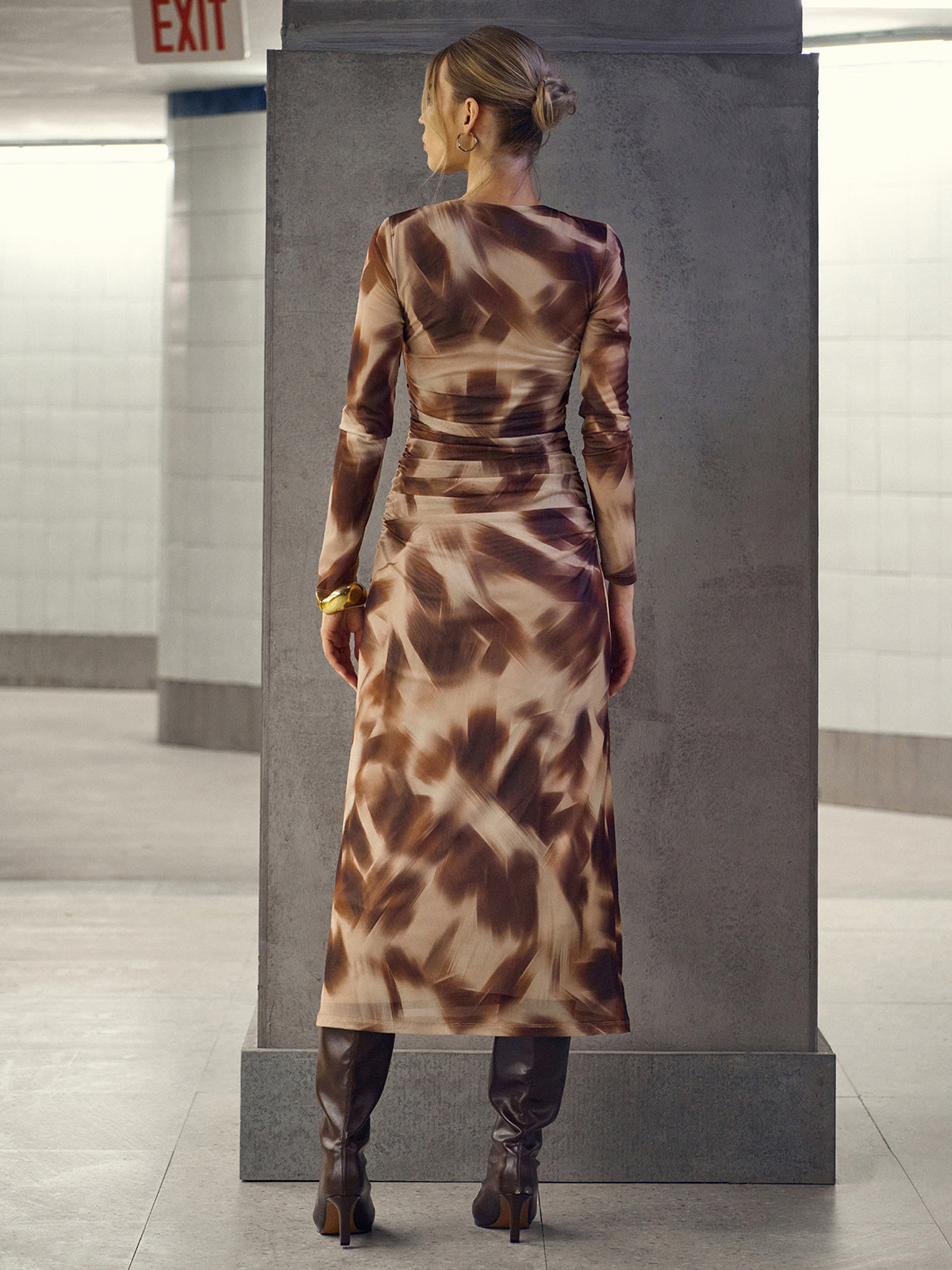 Abstract Print Twisted Mesh Midi Dress