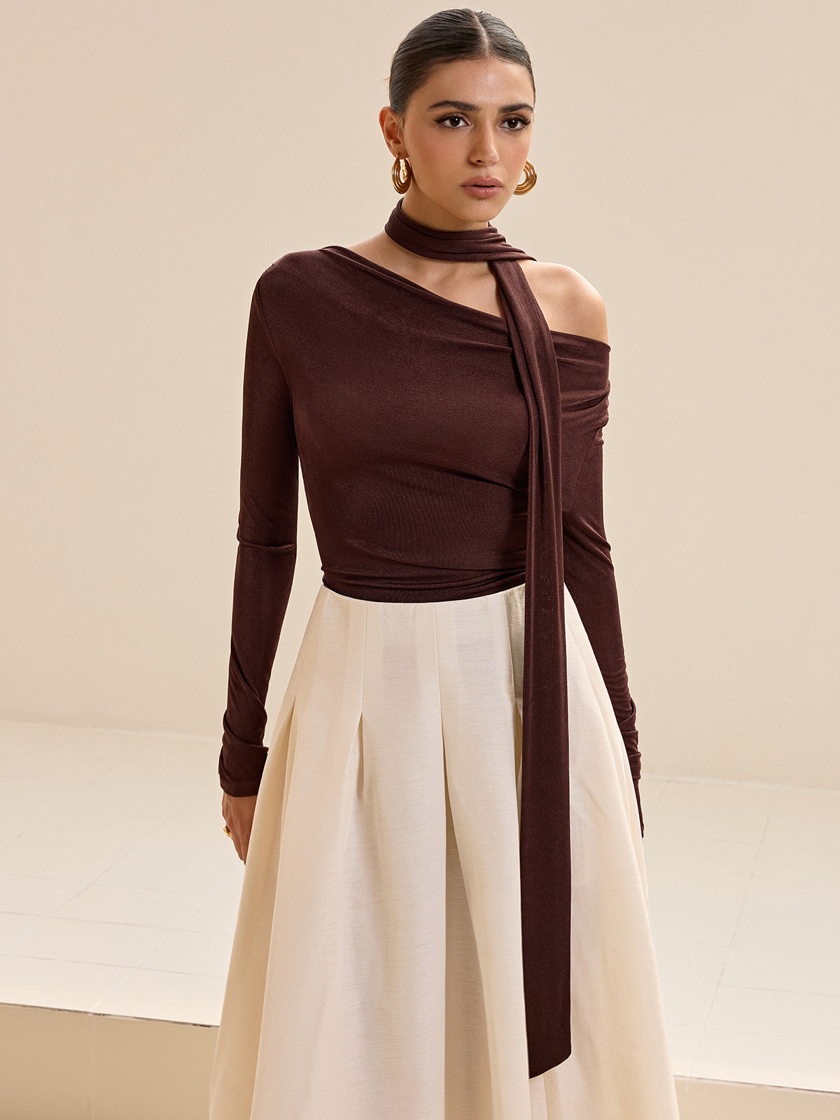 Asymmetric Neck Tie Detail Long-Sleeve T-Shirt