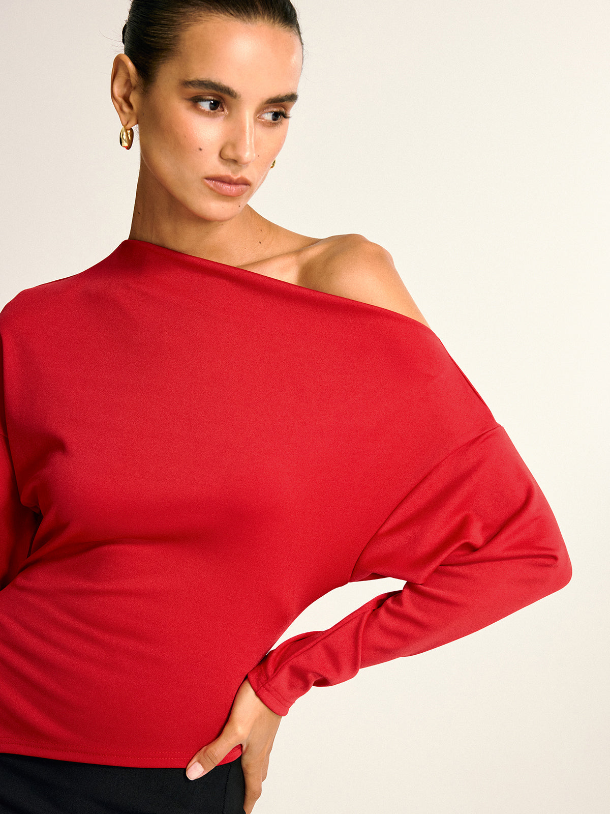 Asymmetric Off-Shoulder Split Long Sleeve Blouse