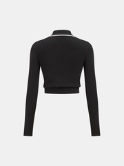 Asymmetric Contrast Trim Wool Blend Cropped Polo Top