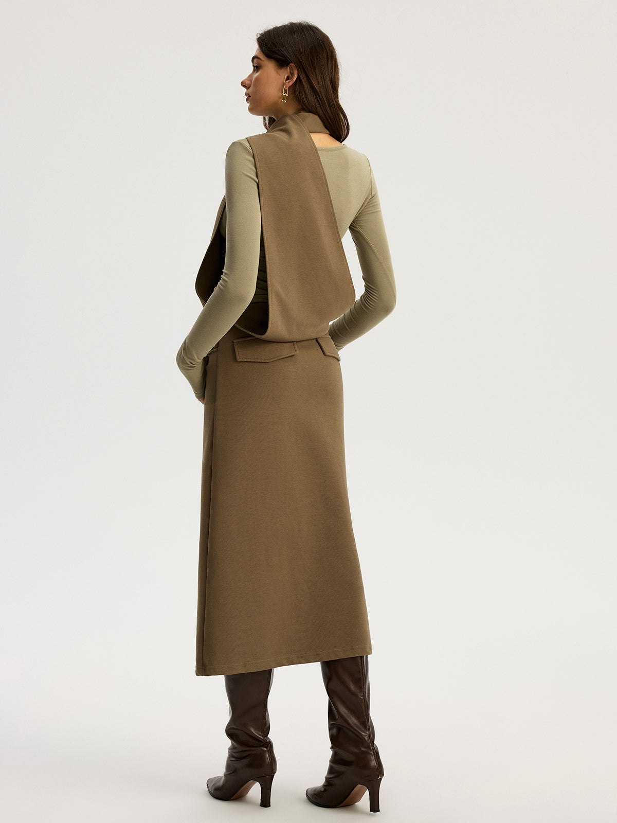 2 in 1 Long Sleeve Halter Neck Belted Maxi Dress
