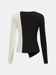 Asymmetric Color Block Metal Button Ribbed Knit Top