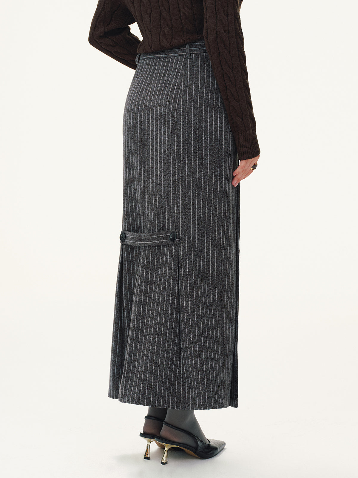Asymmetric Button Striped Maxi Skirt