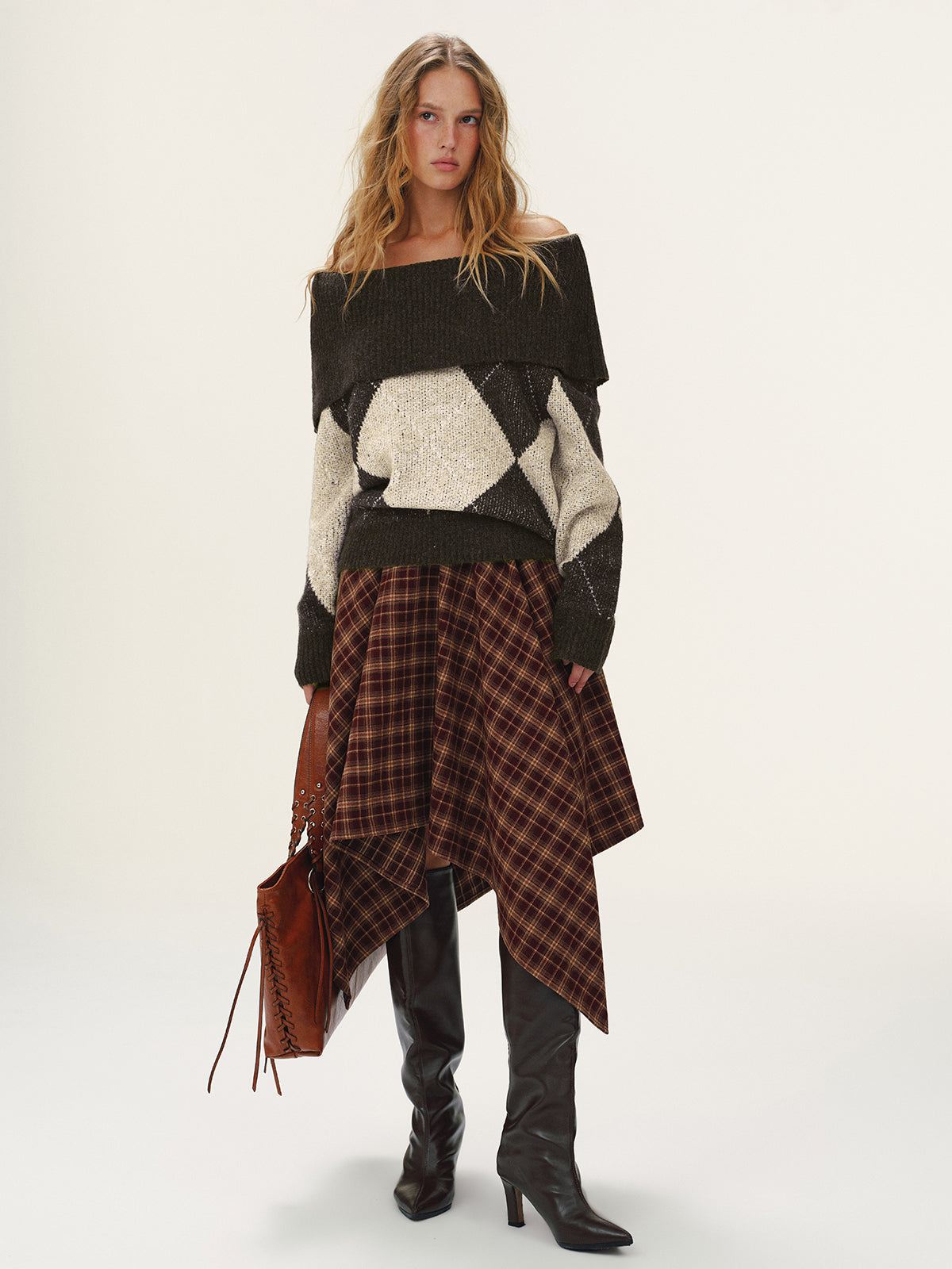 Argyle Pattern Off-Shoulder Sweater