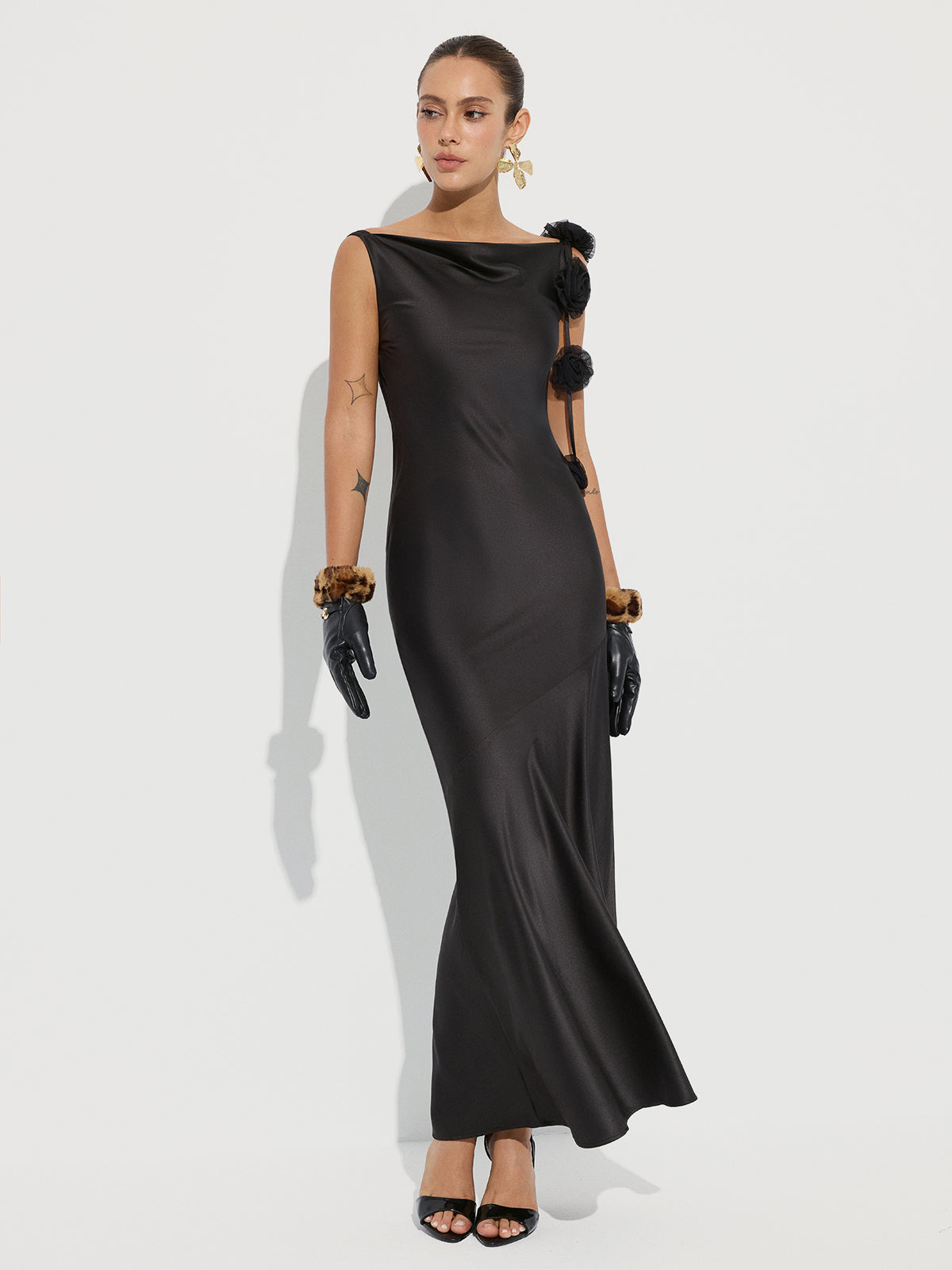 3D Flower Backless Satin Mermaid Dress
