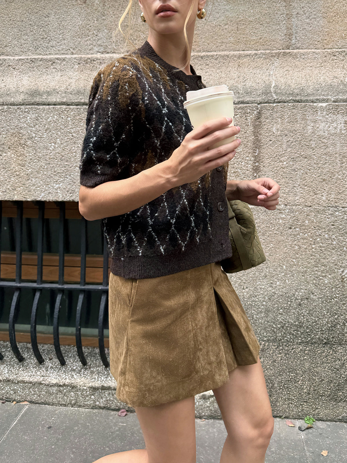 Argyle Pattern Short Sleeve Knit Cardigan