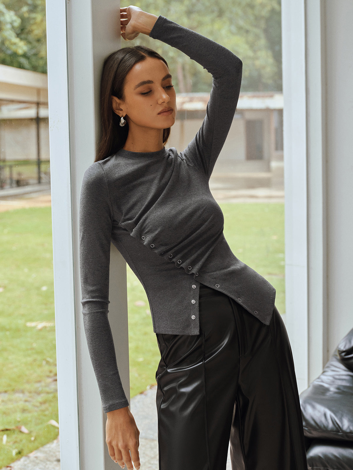 Asymmetric Ruched Long Sleeve Top