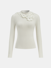 3D Floral Mock Neck Wool Blend Knit Top