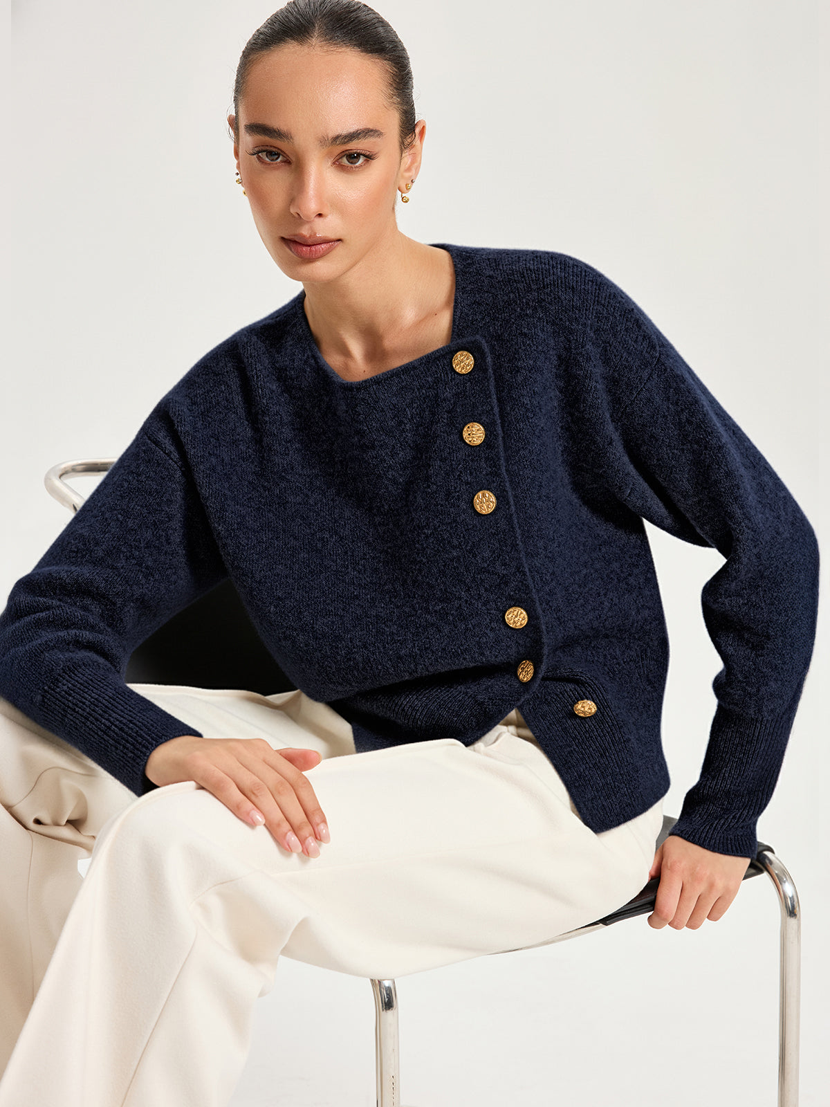 Asymmetric Metal Button Wool-Blend Cardigan