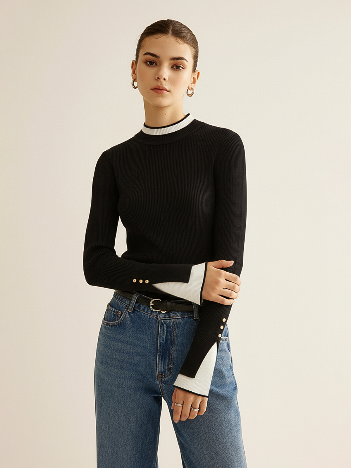 2 in 1 Contrast Cuff Mock Neck Ribbed Knit Top
