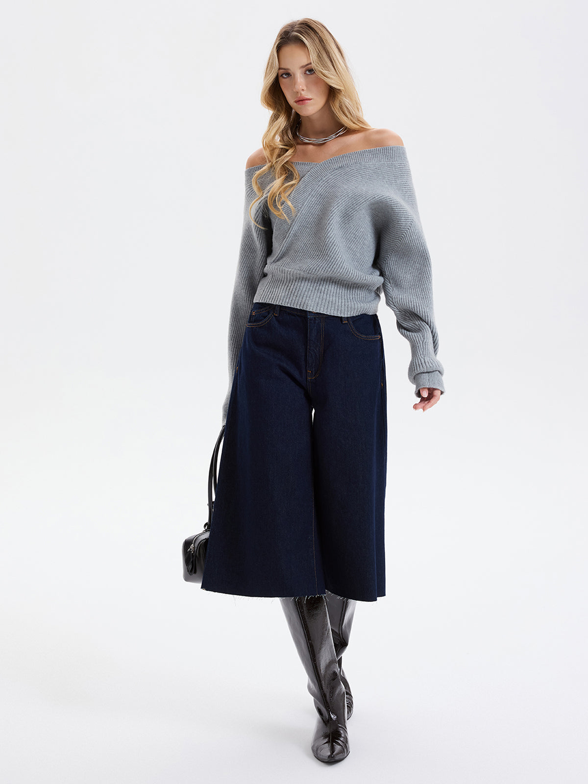Asymmetric Off-Shoulder Ribbed Sweater
