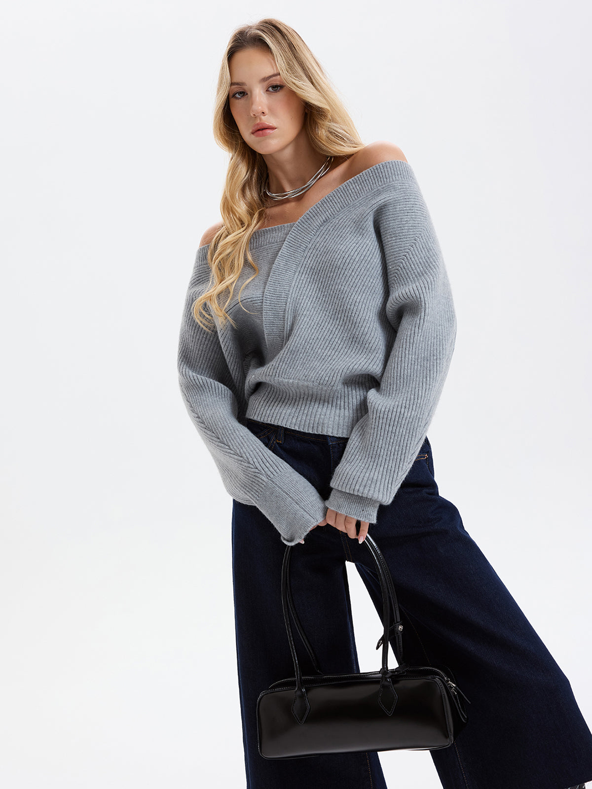 Asymmetric Off-Shoulder Ribbed Sweater