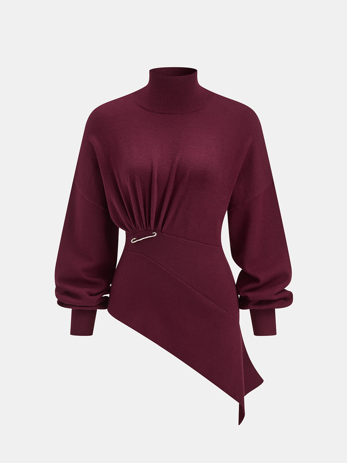 Asymmetric Turtleneck Knit Top with Safety Pin
