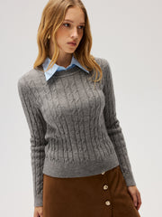 2 in 1 Contrast Shirt Collar Cable-Knit Sweater