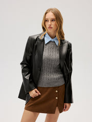 2 in 1 Contrast Shirt Collar Cable-Knit Sweater