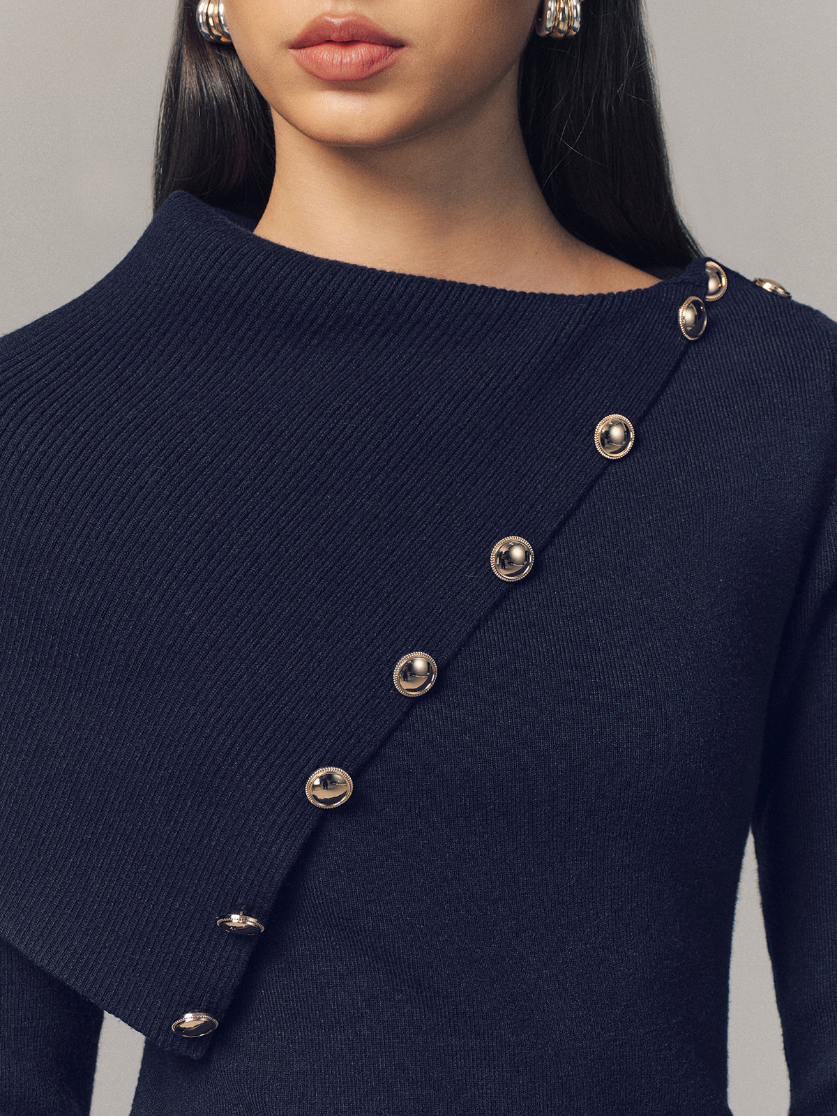 Asymmetric Metal Detail Ribbed Knit Top