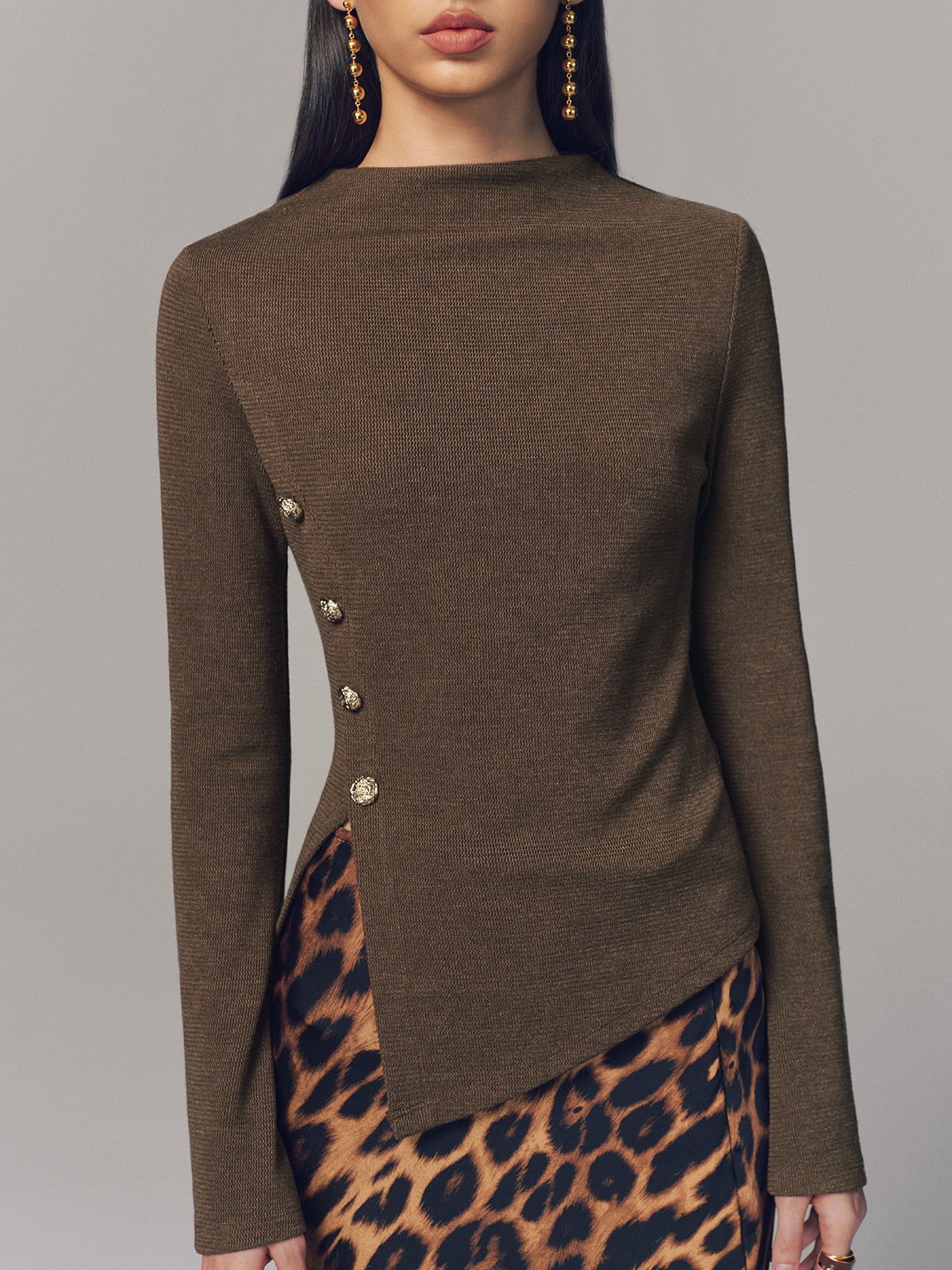 Asymmetric Hem Button Detail Long-Sleeve Top