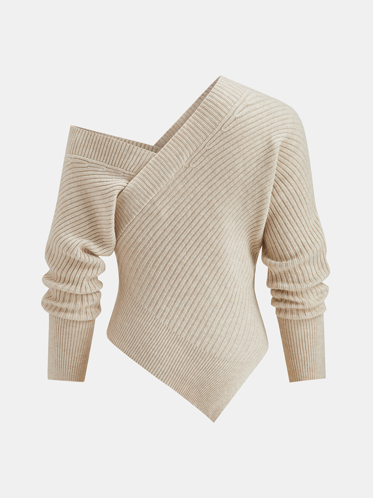 Asymmetric Neck Ribbed Knit Sweater