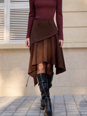 Asymmetric Ruffled Hem Suede Effect Midi Skirt