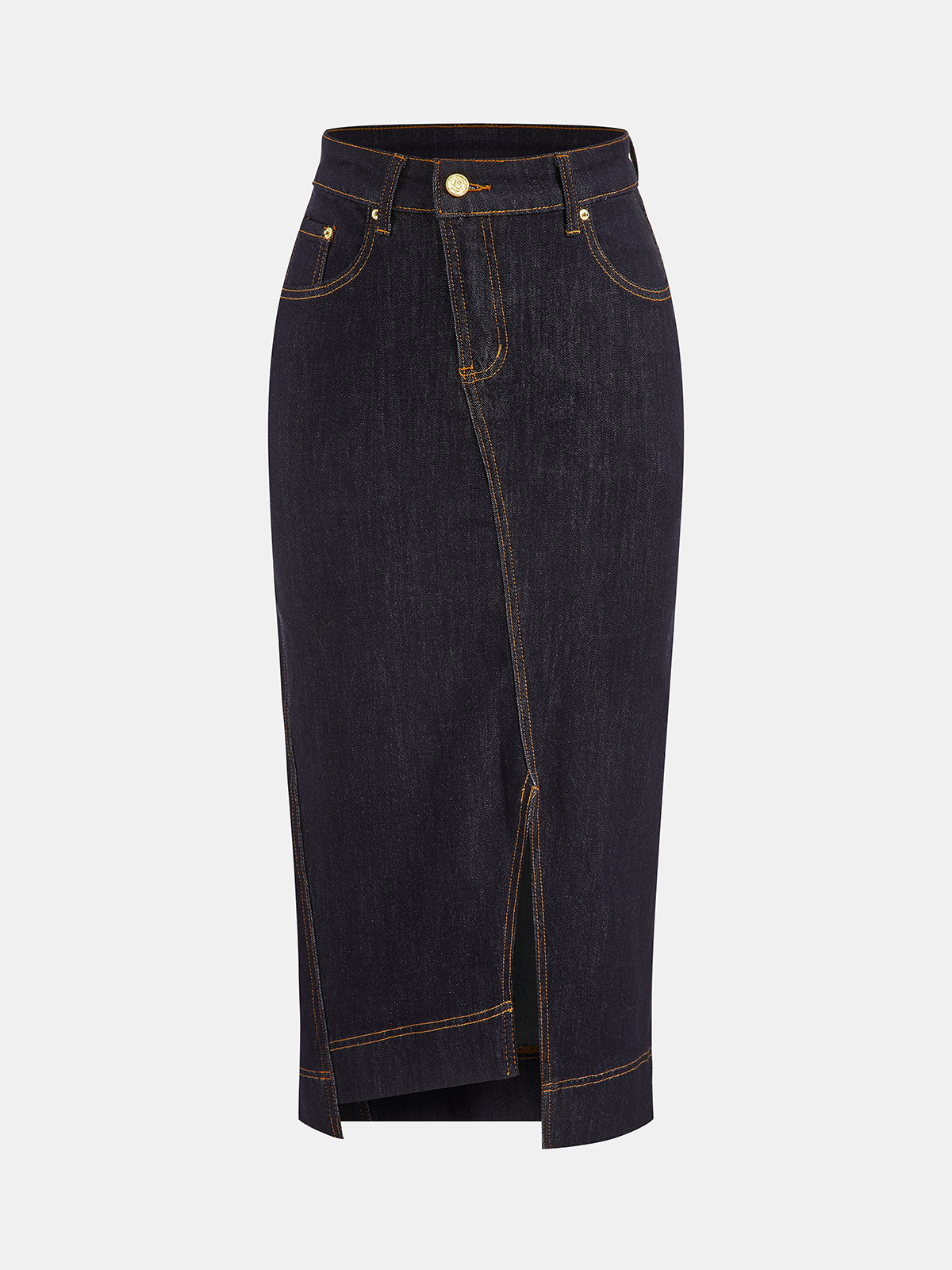 Asymmetric Slit Denim Midi Skirt