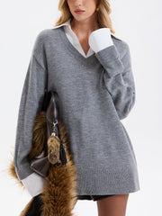 2 in 1 Shirt Panel Loose V-Neck Sweater