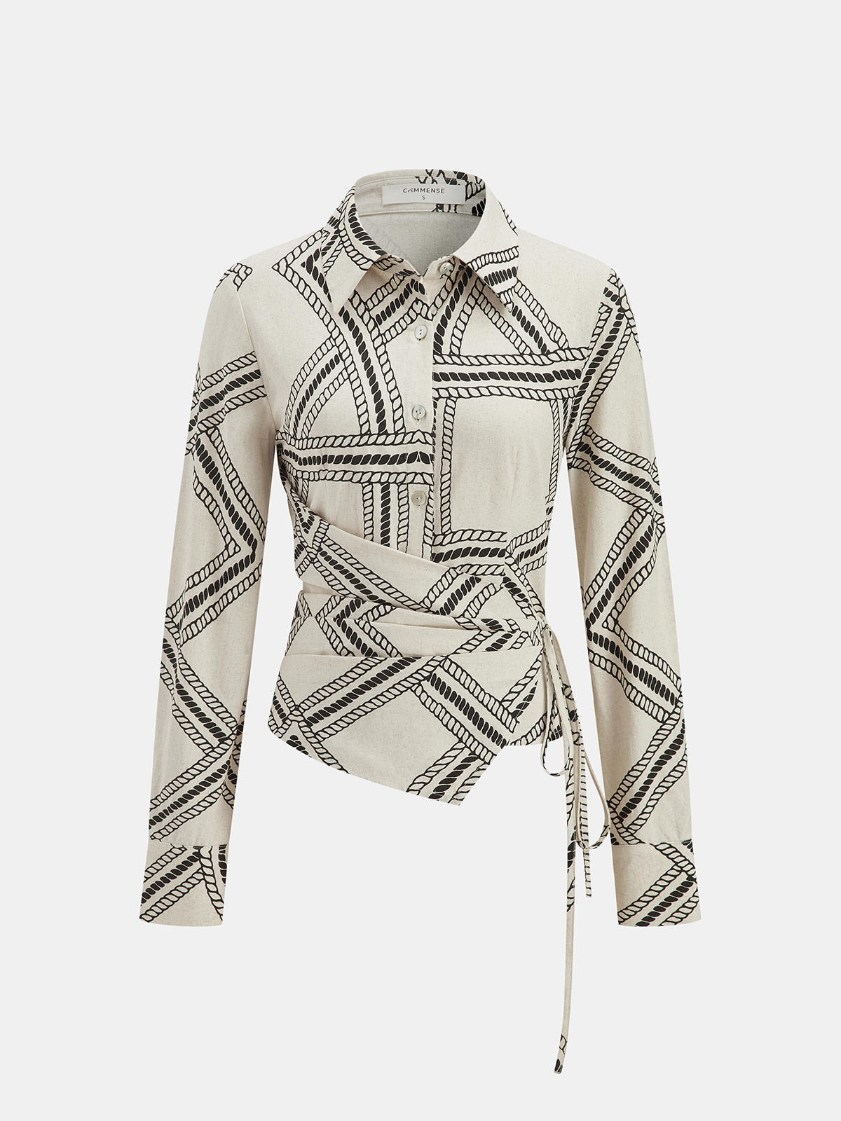 Abstract-Print Wrap-Tie Long-Sleeve Shirt